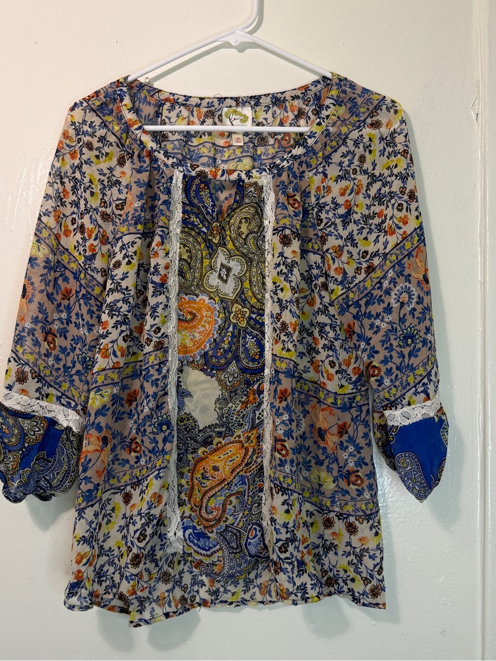 Fig & Flower Boho Paisley Floral Mixed Print Lace Trim Blouse - Size M